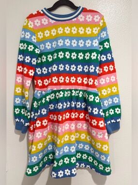 Mini Boden Rainbow Daisy Stripe Dress in Red, Pink, Yellow, Green, Blue